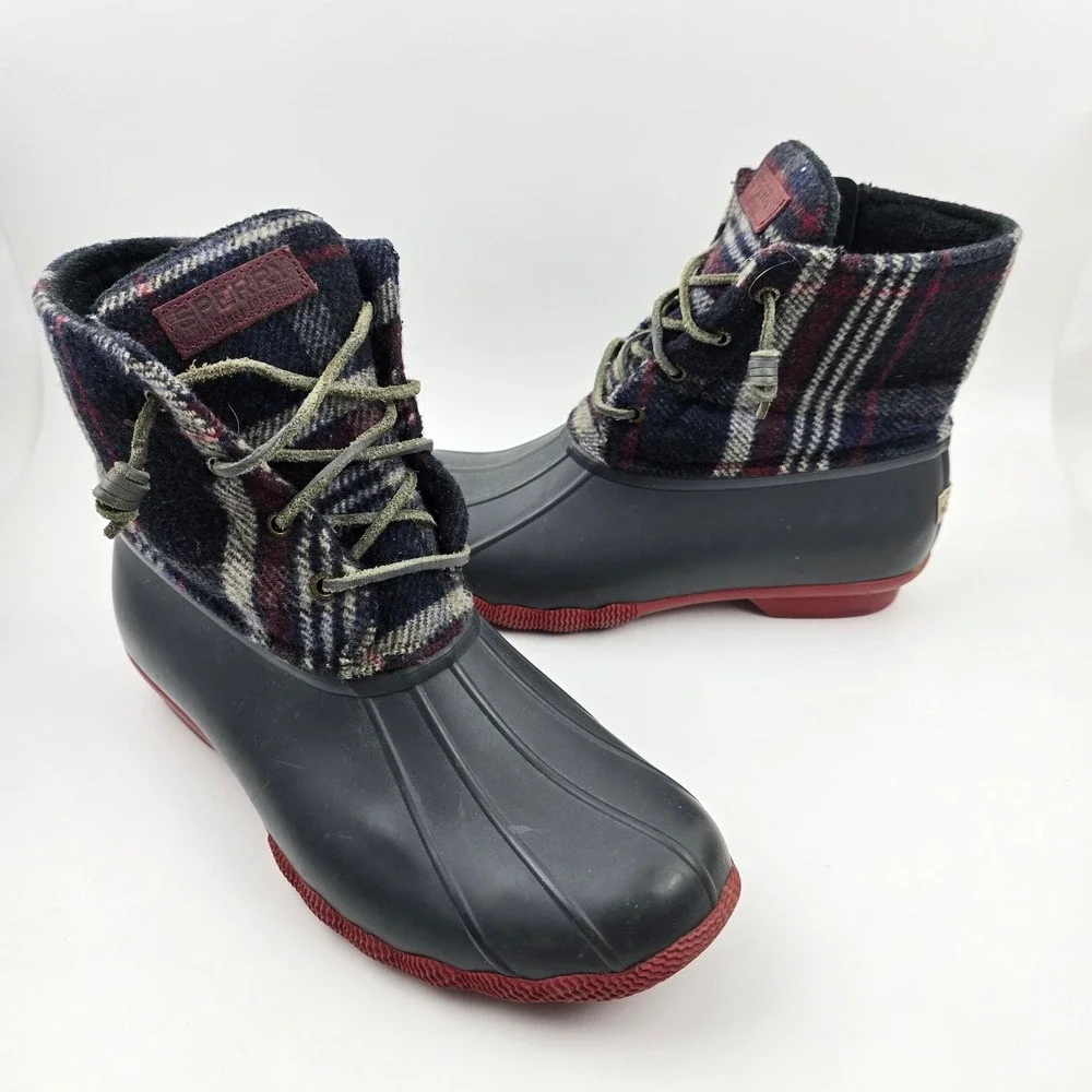 Sperry Saltwater Duck Boots Womens‎ 10 M Blue Red Wool Plaid Waterproof Rubber